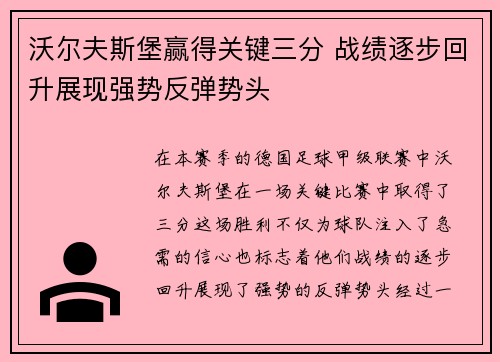 沃尔夫斯堡赢得关键三分 战绩逐步回升展现强势反弹势头